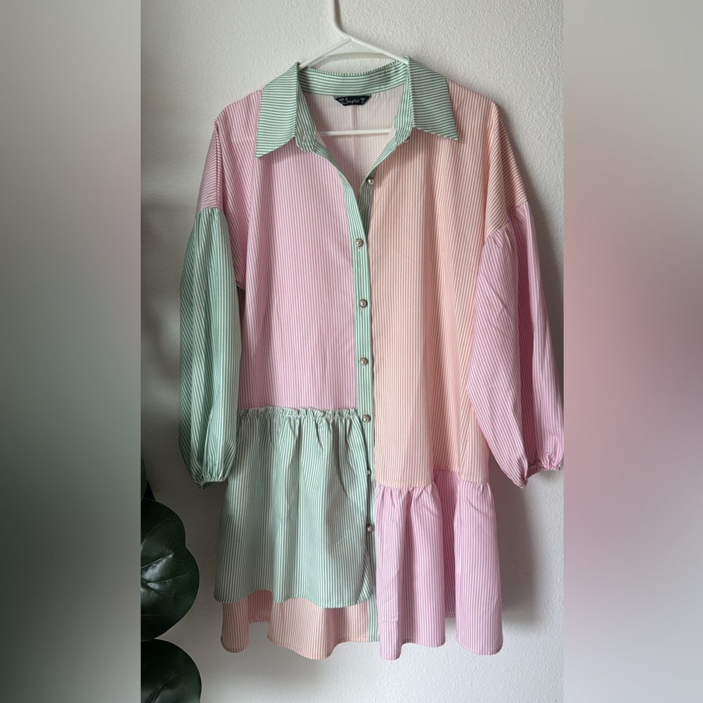 Striped Pastel Colorblock Button-Front Dress